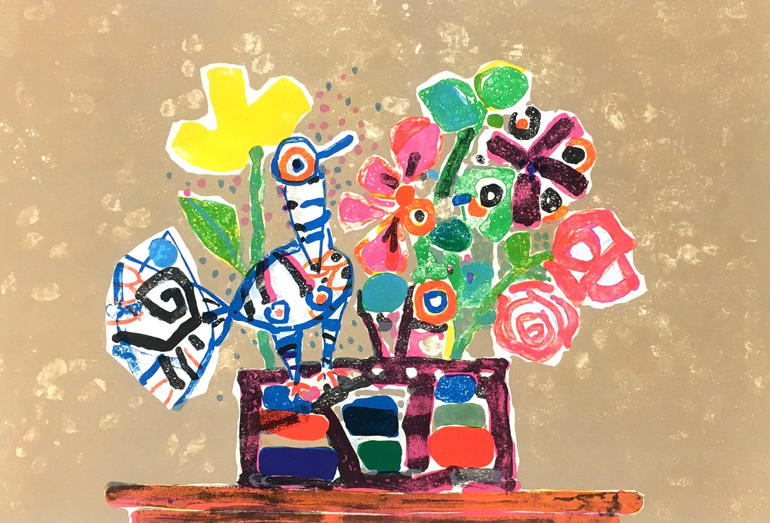 ポール・アイズピリの絵画作品　タイトルは、鳥とカゴ